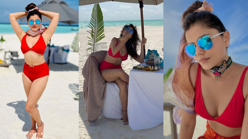 Rubina Dilaik Had Fun At The Beach Wearing A Red Bikini Shared Many