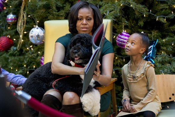 वाशिंगटन के एक कार्यक्रम में अमेरिका की प्रथम महिला मिशेल ओबामा अपने कुत्ते बो के साथ।