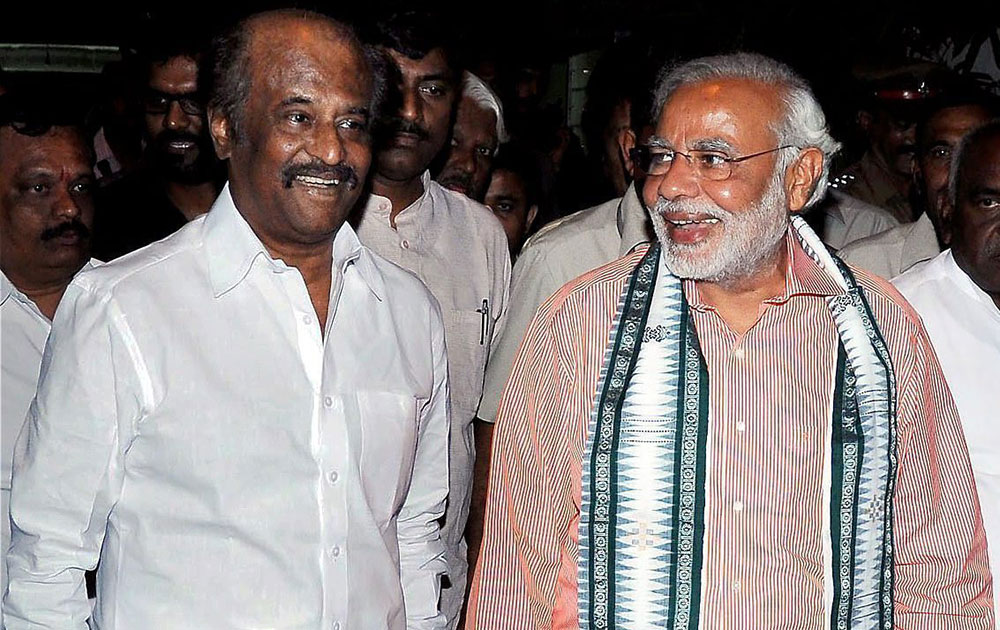 चेेेेन्नई में दक्षिण के सुपर स्टार रजनीकांत से मिले भाजपा के प्रधानमंत्री पद के उम्मीदवार नरेंद्र मोदी।