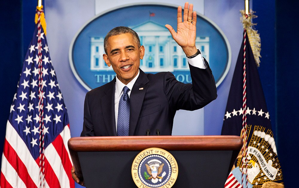ह्वाइट हाउस में मीडिया को संबोधित करते अमेरिकी राष्ट्रपति बराक ओबामा।