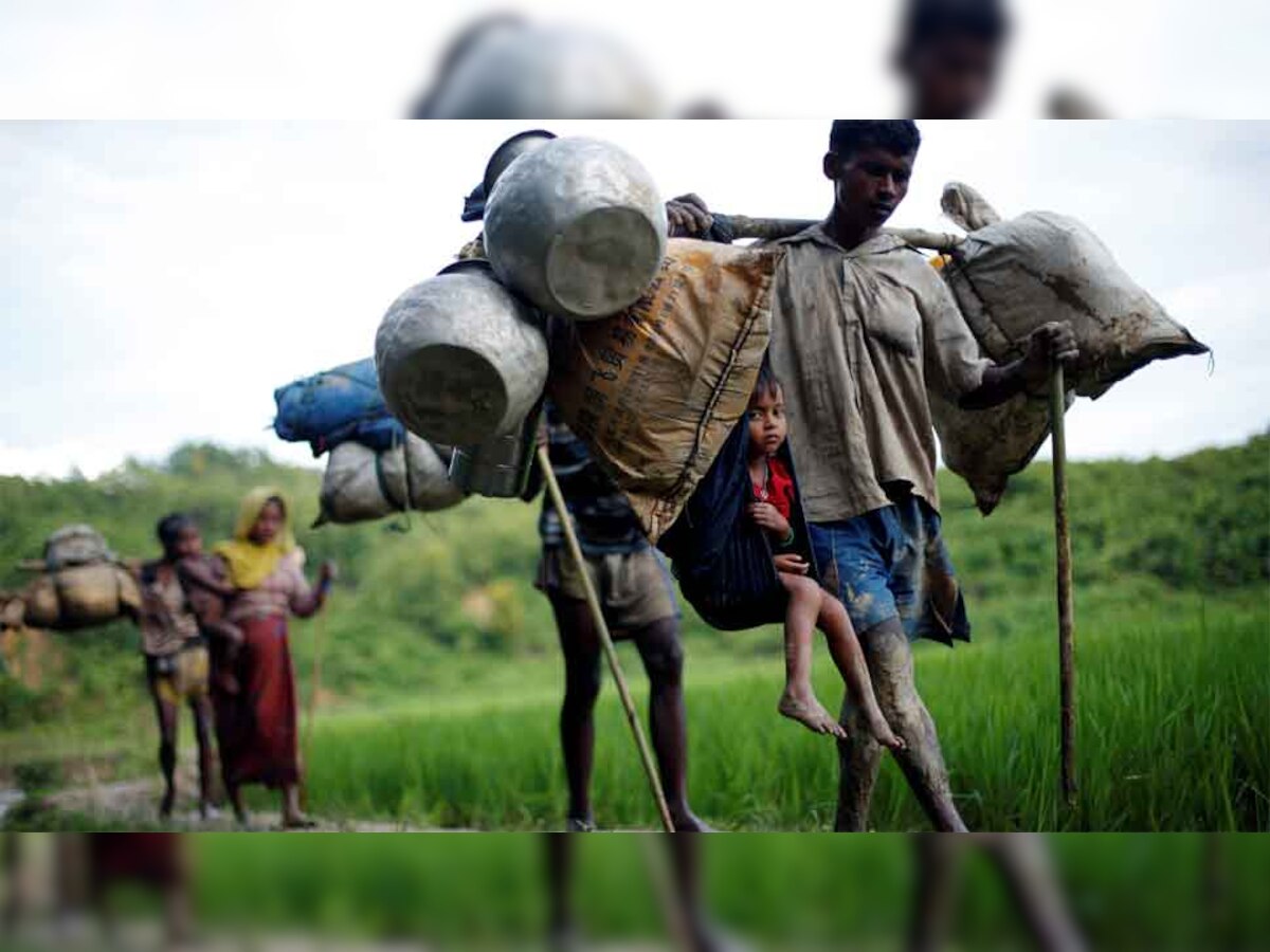 म्यांमार-बांग्लादेश सीमा को पार करने के बाद कॉक्स बाजार में धान के खेतों से होकर गुजरते रोहिंग्या शरणार्थी. (Reuters/10 Sep, 2017)