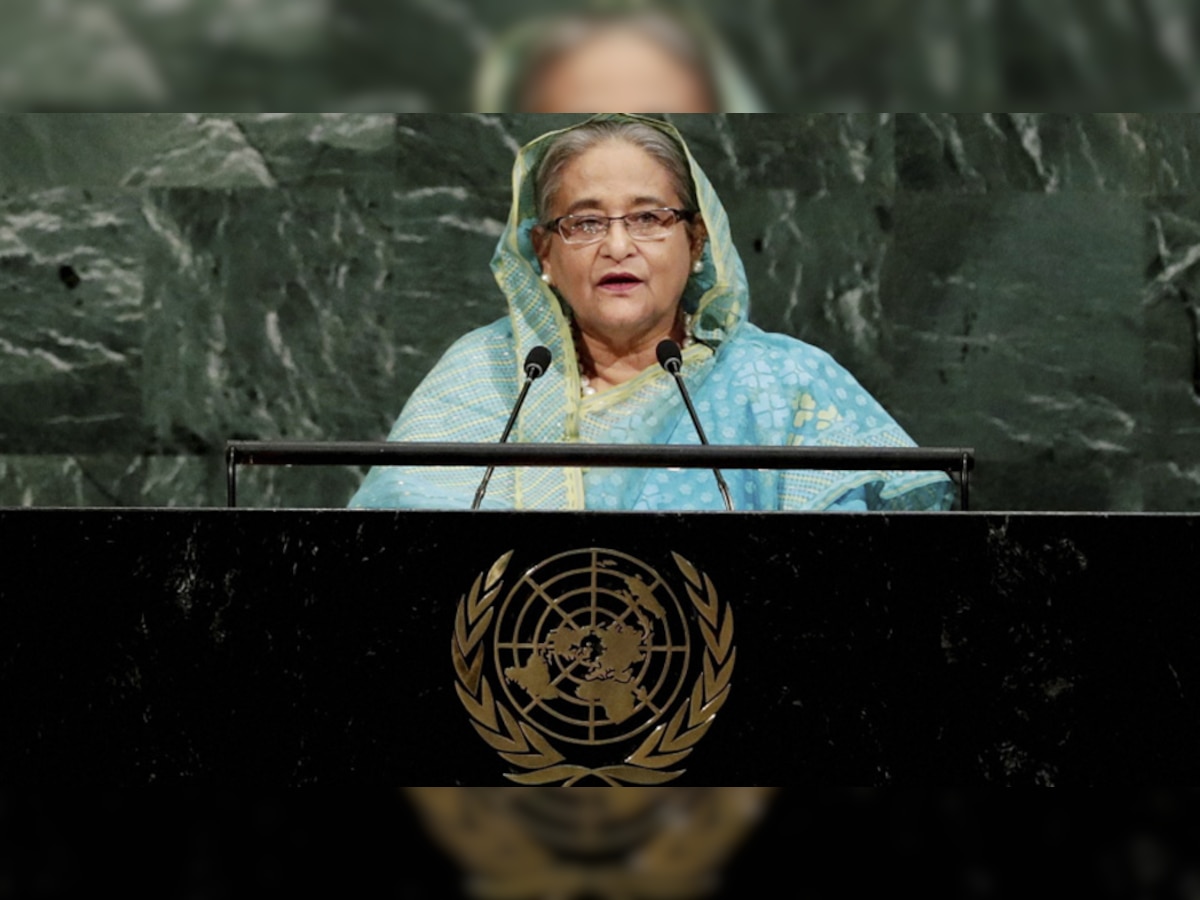संयुक्त राष्ट्र महासभा के 72वें सत्र को संबोधित करतीं प्रधानमंत्री शेख हसीना. (PTI/22 Sep, 2017)