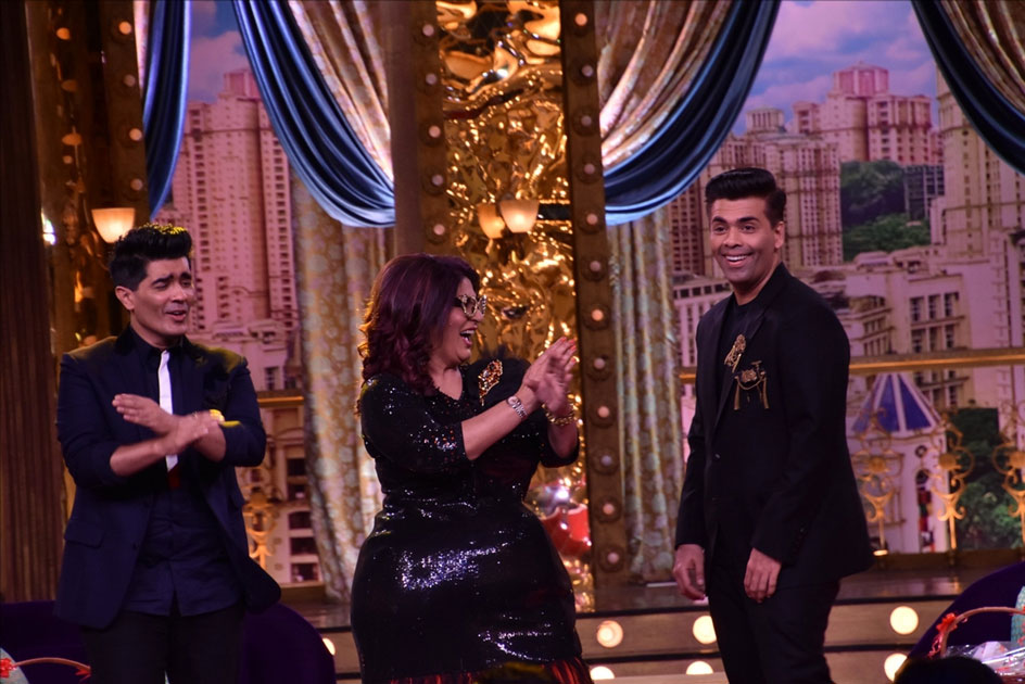 Fashion Designer Manish Malhotra, actress Archana Puran Singh and Director Karan Johar on the sets of live game show Fashion Designer Manish Malhotra, actress Archana Puran Singh and Director Karan Johar on the sets of live game show