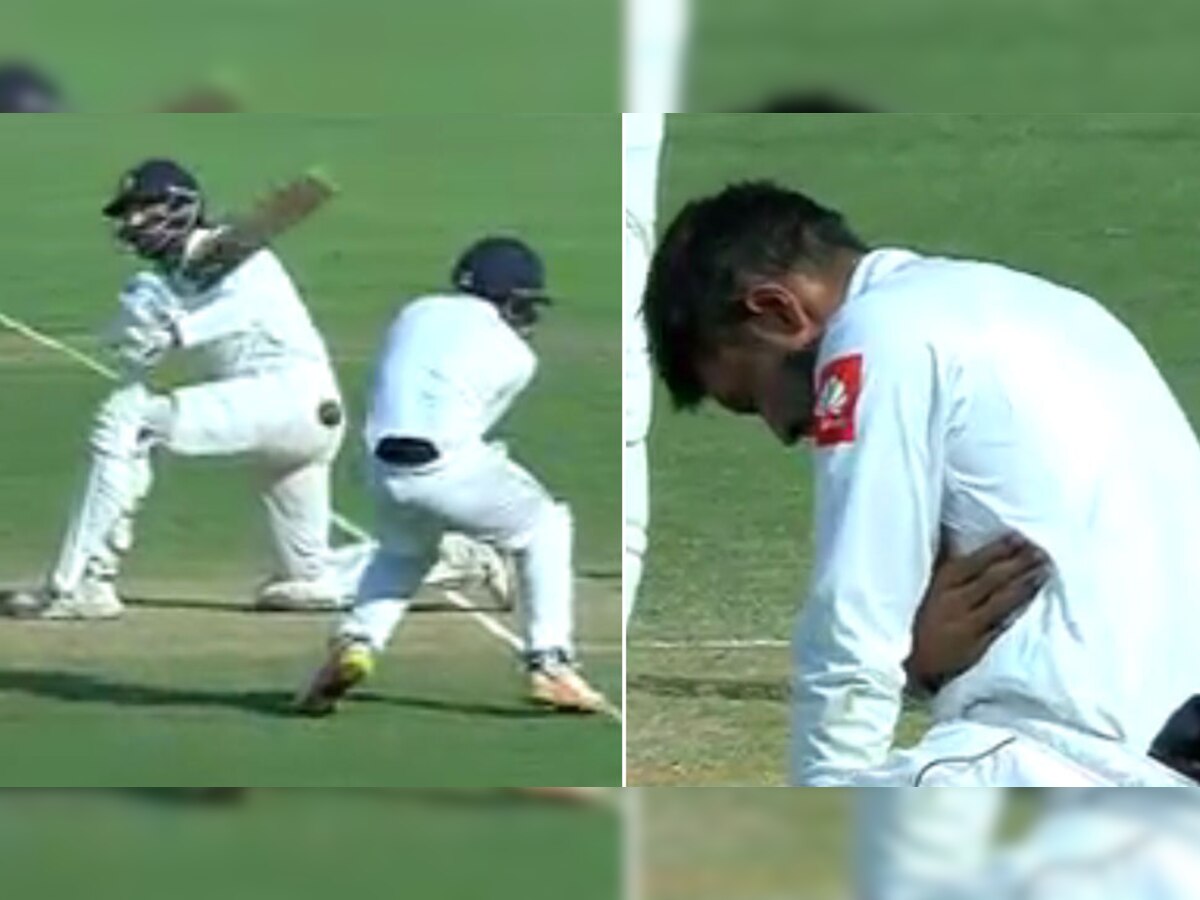  शार्ट लेग पर क्षेत्ररक्षण करते समय  मुरली विजय के शॉट पर गेंद समरविक्रम  के हेलमेट में लगी जिसके बाद उन्हें मैदान से बाहर ले जाया गया (फाइल फोटो)