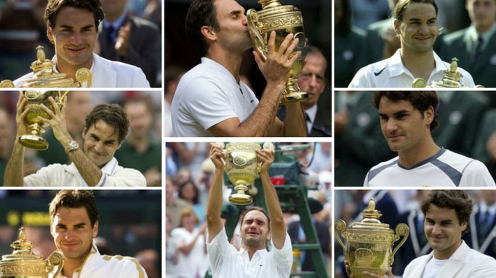 Roger federer with his eight Wimbledon titles Roger federer with his eight Wimbledon titles