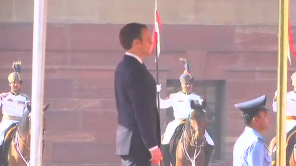 French President Emmanuel Macron and wife Brigitte Macron inspects guard of honor at Rashtrapati Bhawan French President Emmanuel Macron and wife Brigitte Macron inspects guard of honor at Rashtrapati Bhawan