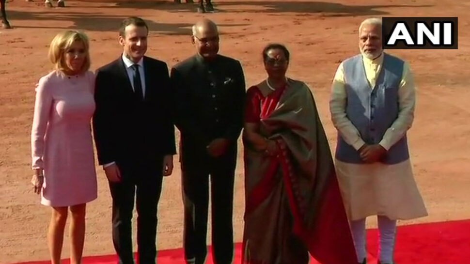 French President Emmanuel Macron and wife Brigitte Macron inspects guard of honor at Rashtrapati Bhawan French President Emmanuel Macron and wife Brigitte Macron inspects guard of honor at Rashtrapati Bhawan