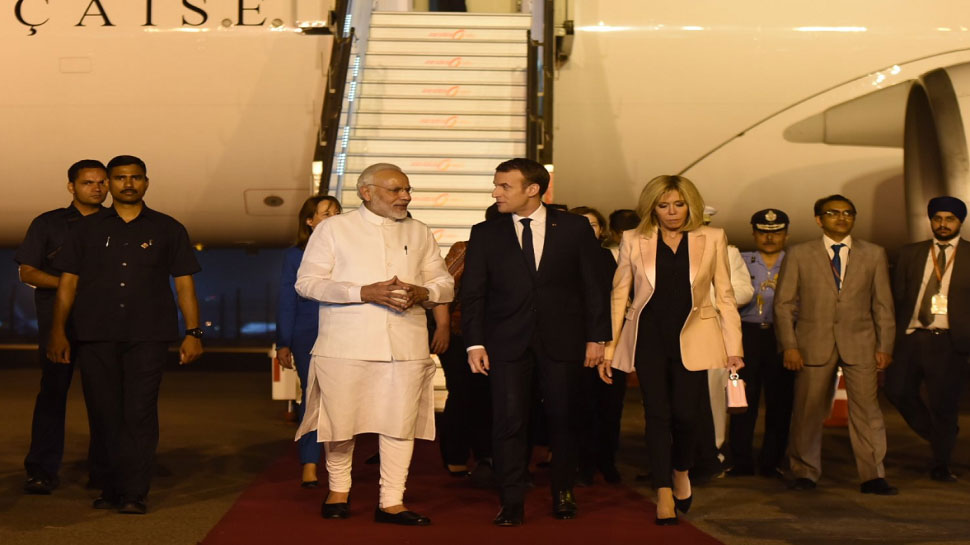 French President Emmanuel Macron and wife Brigitte Macron inspects guard of honor at Rashtrapati Bhawan French President Emmanuel Macron and wife Brigitte Macron inspects guard of honor at Rashtrapati Bhawan