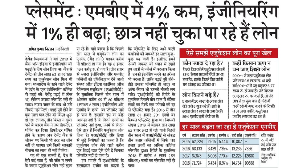 कॉलेजों में प्लेसमेंट घटा तो एजुकेशन एनपीए भी बढ़ा Top news of hindi and english newspaper