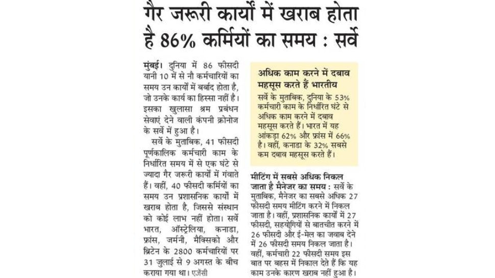 गैर जरूरी कार्यों में खराब होता है 86 फीसदी कर्मचारियों का समय Top news of hindi and english newspaper