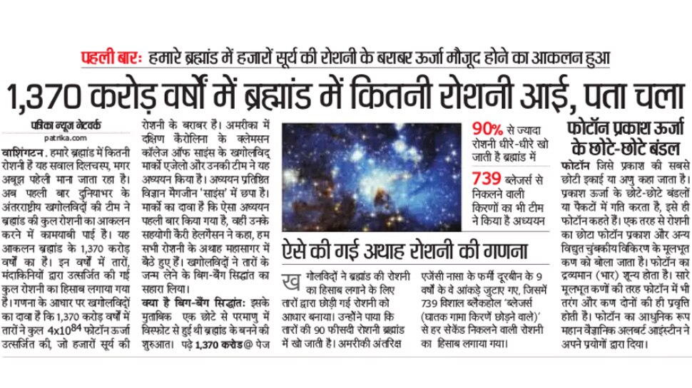 1370 करोड़ वर्षों में ब्रह्मांड में कितनी रोशनी आई, पता चला Top News from Newspapers