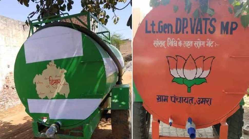 हरियाणा: पानी के टैंकर पर दुष्यंत चौटाला का नाम छिपाया, तो बोले- पत्थरों से नेताओं के नाम भी हटवा दो