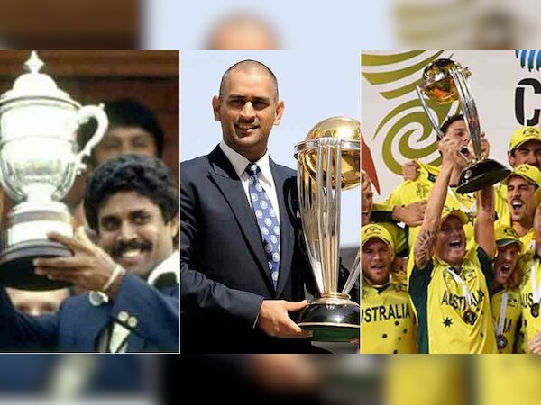 आईसीसी वर्ल्ड कप ट्रॉफी के साथ कपिल देव, एमएस धोनी और माइकल क्लार्क. (फाइल फोटो) 