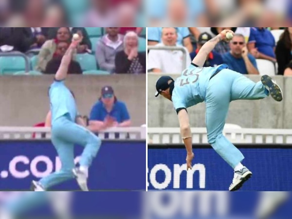 दक्षिण अफ्रीका के बल्लेबाज के शॉट को बाउंड्री के करीब कैच करते इंग्लैंड के बेन स्टोक्स.