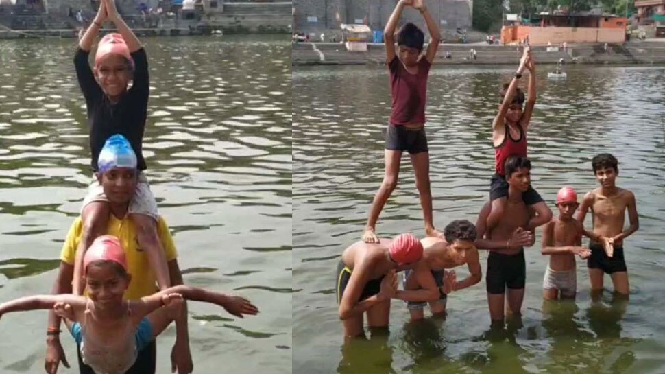 उज्जैन: अंतरराष्ट्रीय योग दिवस पर कुछ इस तरह पानी में योगासन करते हुए दिखे बच्चे