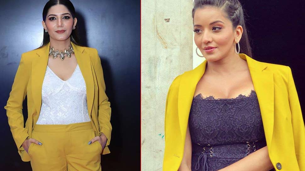 मोनालिसा ने ब्लैक ड्रेस के साथ येलो ब्लेजर पहना sapna chaudhary and monalisa in yellow coat