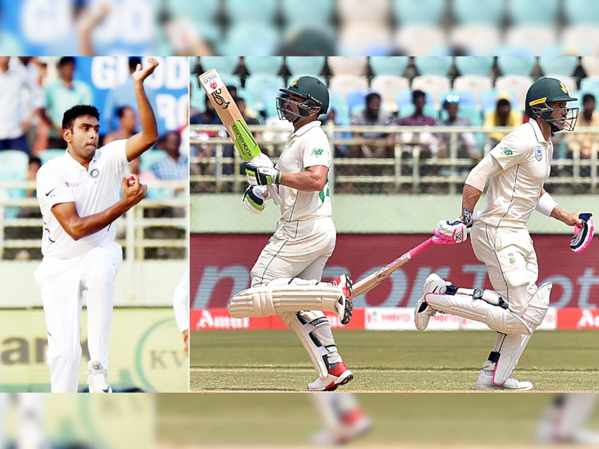 रविचंद्रन अश्विन (बाएं) ने मैच में पांच विकेट झटके. फाफ डू प्लेसिस और डीन एल्गर (दाएं) ने 115 रन की साझेदारी की. (फोटो: IANS/ANI)  