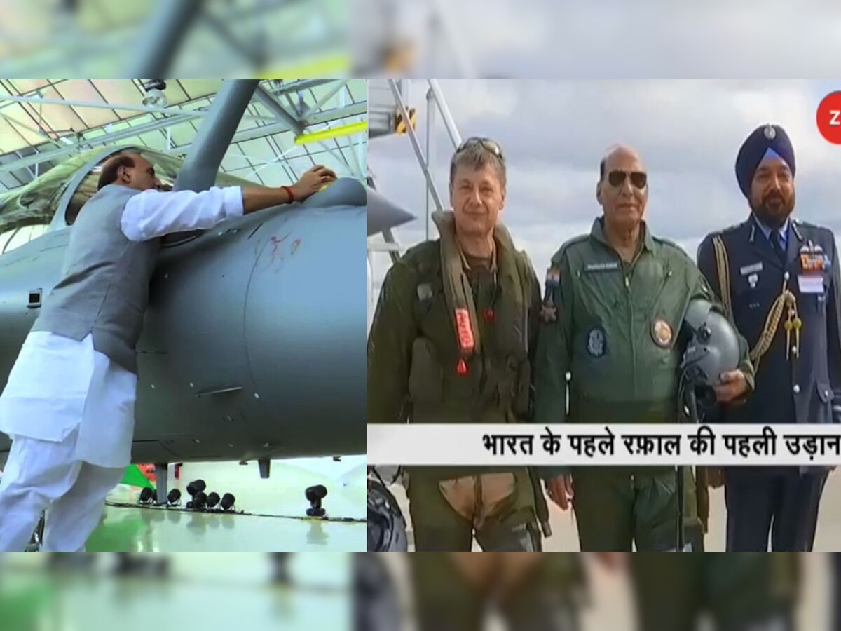 रक्षामंत्री राजनाथ सिंह ने IAF के लिए पहला राफेल रिसीव करने के बाद उसकी शस्त्र पूजा की. इसके बाद उसमें उड़ान भरी.