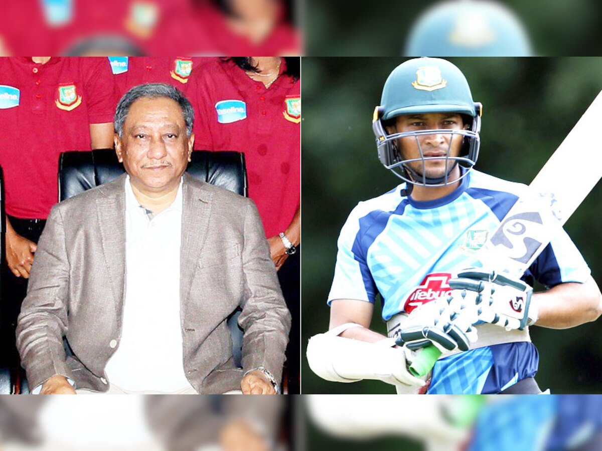 बांग्लादेश क्रिकेट बोर्ड के अध्यक्ष नजमुल हुसैन और नेशनल टीम के कप्तान शाकिब अल हसन. (फोटो: IANS)
