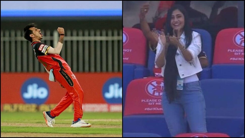 चहल को चियर करते वक्त मैदान में खुशी से झूम उठीं मंगेतर धनश्री वर्मा; फोटो वायरल चहल को चियर करते वक्त मैदान में खुशी से झूम उठीं मंगेतर धनश्री वर्मा; फोटो वायरल