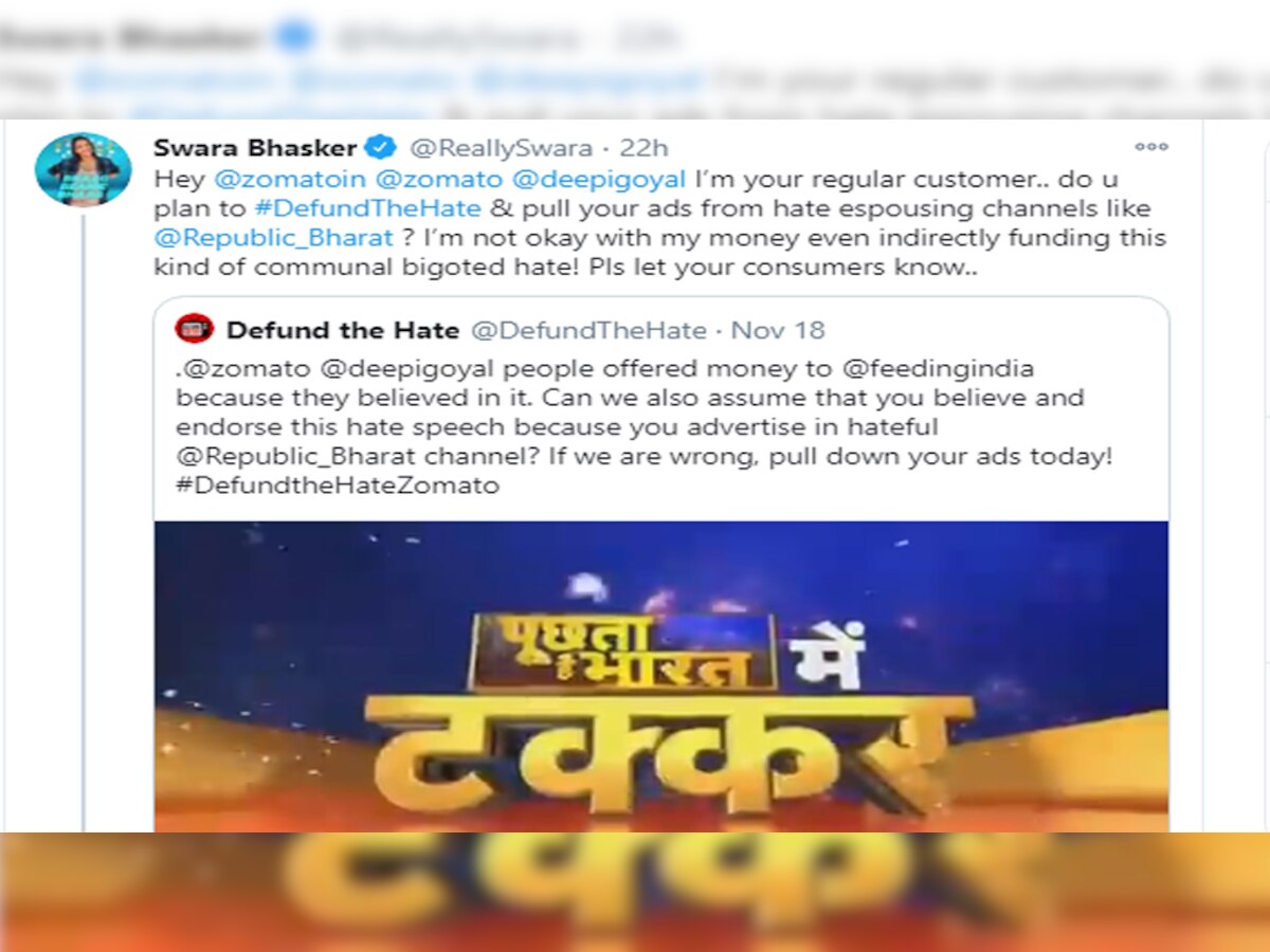 Arnab Goswami fans threaten to boycott Zomato after Swara Bhaskar asks