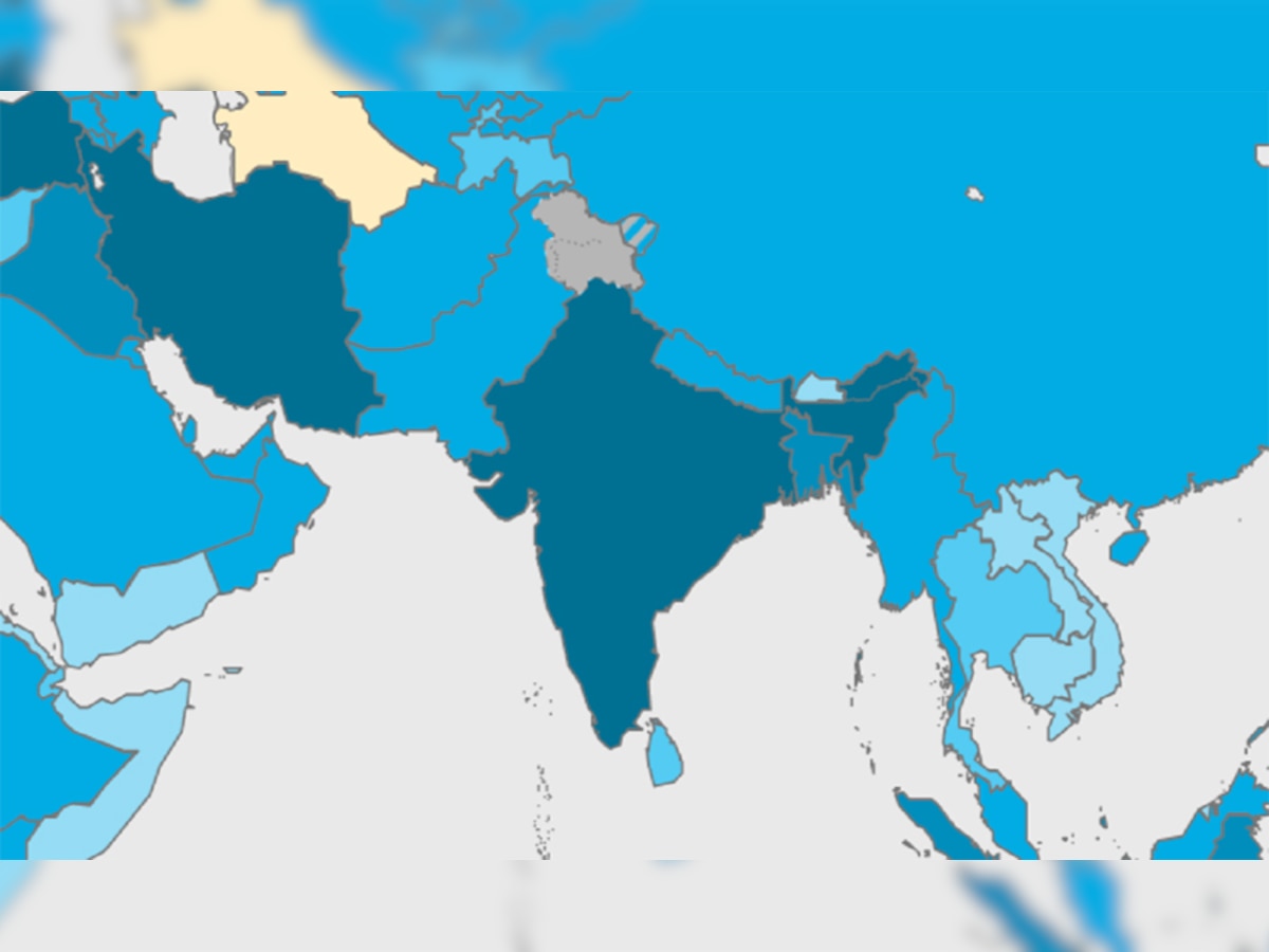 विश्व स्वास्थ्य संगठन की वेबसाइट पर कलर कोडेड मैप में भारत के दोनों नए केंद्र शासित प्रदेशों को ग्रे रंग से दर्शाया गया है। (फोटो: www.who.int)