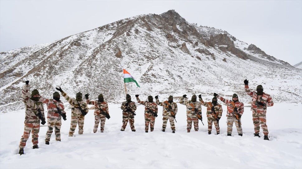 Indo Tibetan Border Police jawans celebrate the Republic Day 2021 at a high altitude Border Outpost in Ladakh