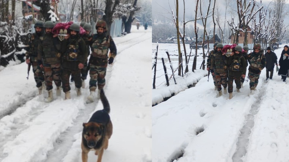 भारतीय सेना के जवान कुपवाड़ा में गर्भवती महिला को चारपाई से ले जाते हुए भारतीय सेना के जवान कुपवाड़ा में गर्भवती महिला को चारपाई से ले जाते हुए