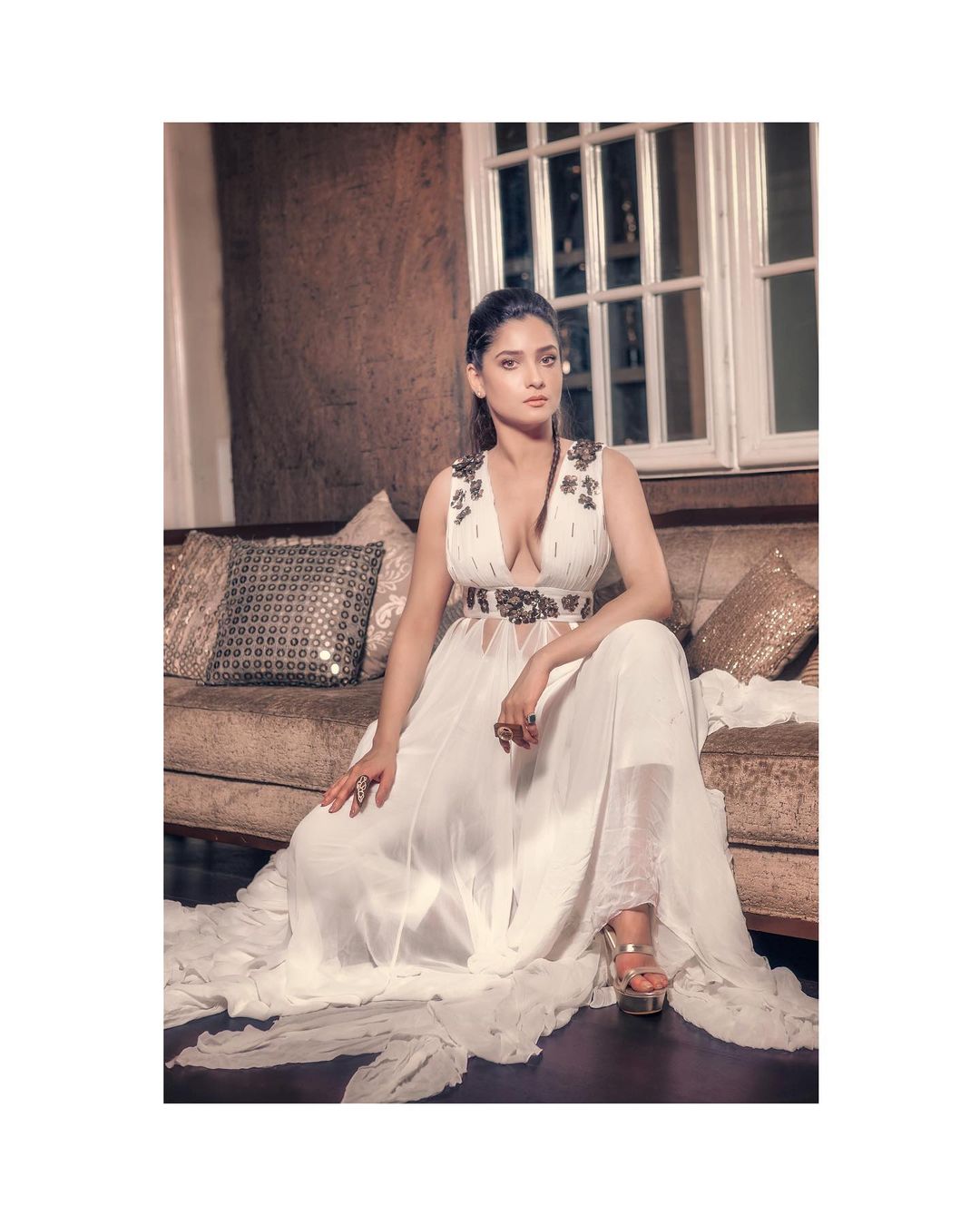 Ankita Lokhande posed in deep neck gown