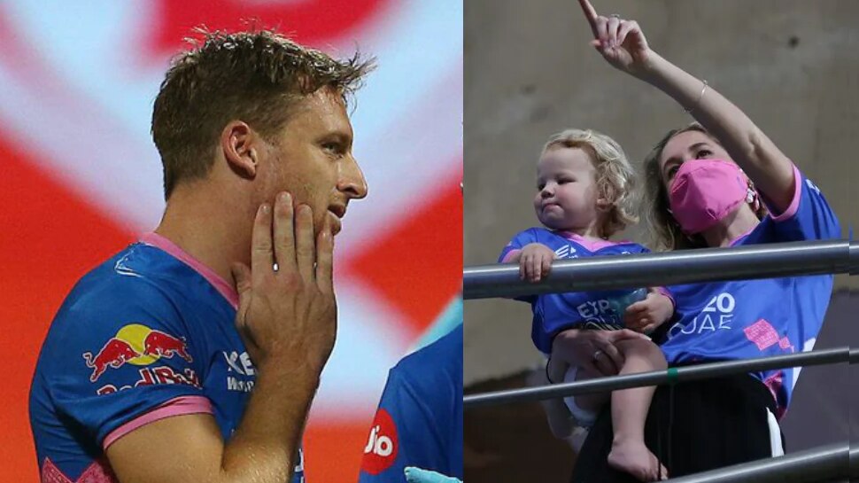 IPL 2021: Jos Buttler के हेलमेट पर लगी गेंद, स्टैंड में बैठी पत्नी और बच्ची को देखकर दिया Emotional रिएक्शन