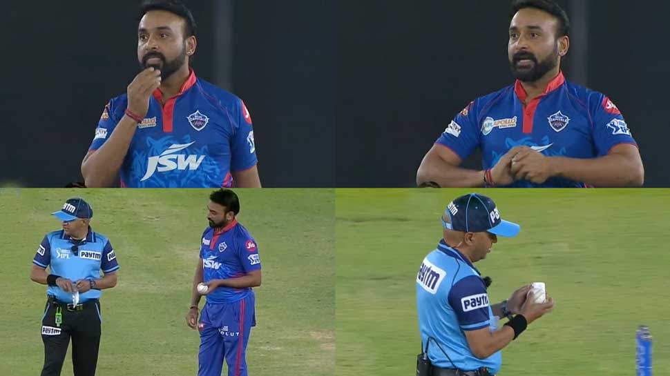 IPL 2021 : Delhi Capitals के स्पिनर Amit Mishra ने गेंद पर लगाई लार, Umpire ने दी चेतावनी