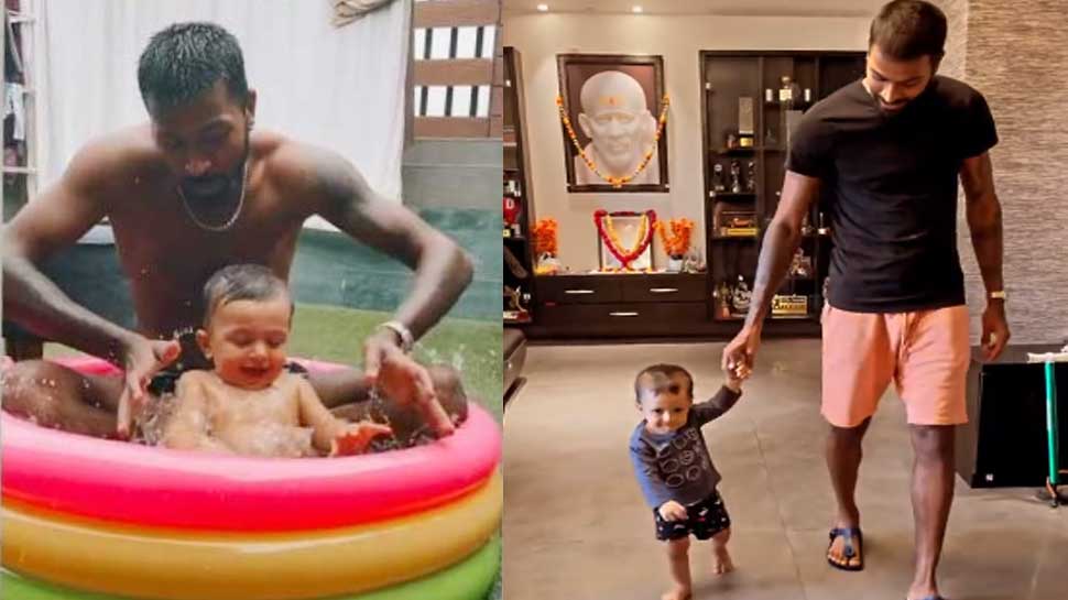 Hardik Pandya ने बेटे Agastya को Mini Swimming Pool में कराया Shower, घर में हुई Walking Practice