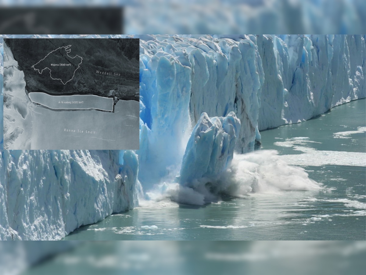 ग्लोबल वार्मिंग की वजह से अंटार्कटिका में बर्फ के पहाड़ पिघल रहे हैं. इंसर्ट में वह स्थान जहां सबसे बड़ा हिमखंड टूटा (फोटो: यूरोपीय स्‍पेस एजेंसी)  