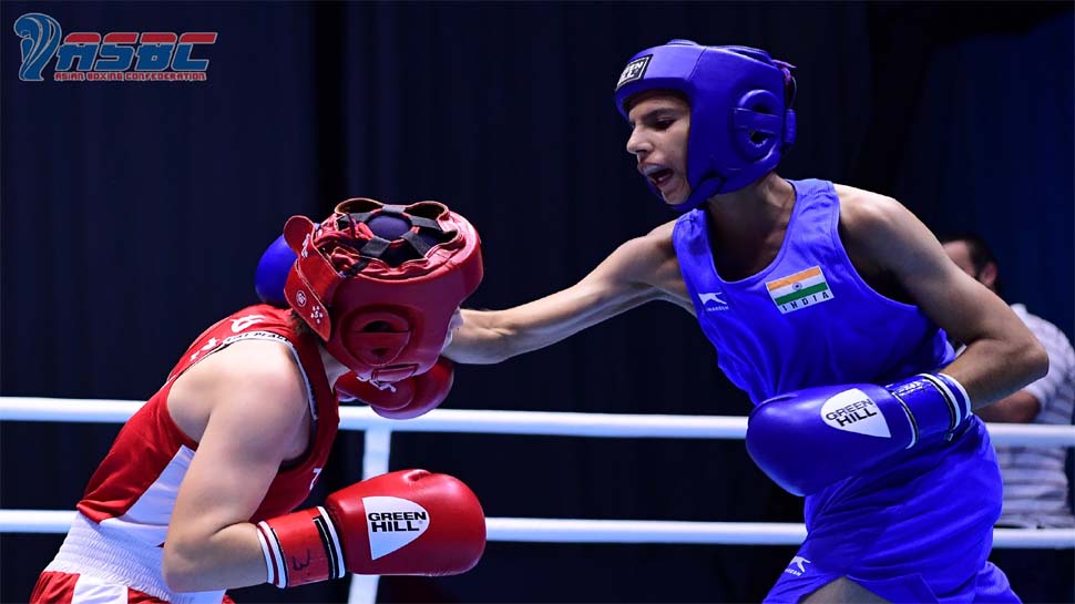 दुबई में खेली जा रही एशियाई जूनियर मुक्केबाजी चैंपियनशिप में इतवार को उज्बेकिस्तान के रोब्याखों बखितोयोरोबा को पंच जड़ती भारत की विशु राठी. दुबई में खेली जा रही एशियाई जूनियर मुक्केबाजी चैंपियनशिप में इतवार को उज्बेकिस्तान के रोब्याखों बखितोयोरोबा को पंच जड़ती भारत की विशु राठी.