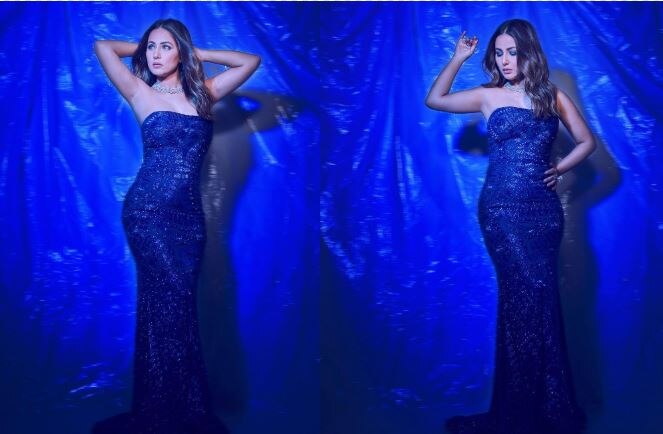 hina khan shares bold photos in blue bodycon dress she flaunts her