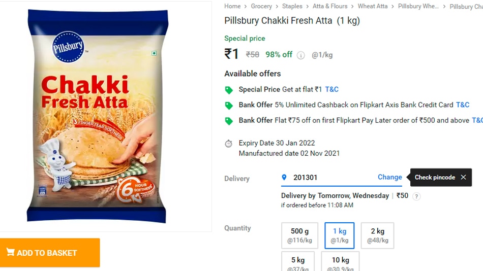 सिर्फ एक रुपये में खरीदें एक किलो Pillsbury Chakki Fresh Atta