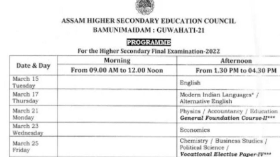 Assam Higher Secondary 12th Board Exam Schedule Released Practical From