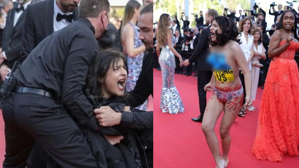 Cannes festival: रेड कार्पेट पर टॉपलेस होकर पहुंची महिला; शरीर पर लिखा था संदेश, Video Cannes festival: रेड कार्पेट पर टॉपलेस होकर पहुंची महिला; शरीर पर लिखा था संदेश, Video