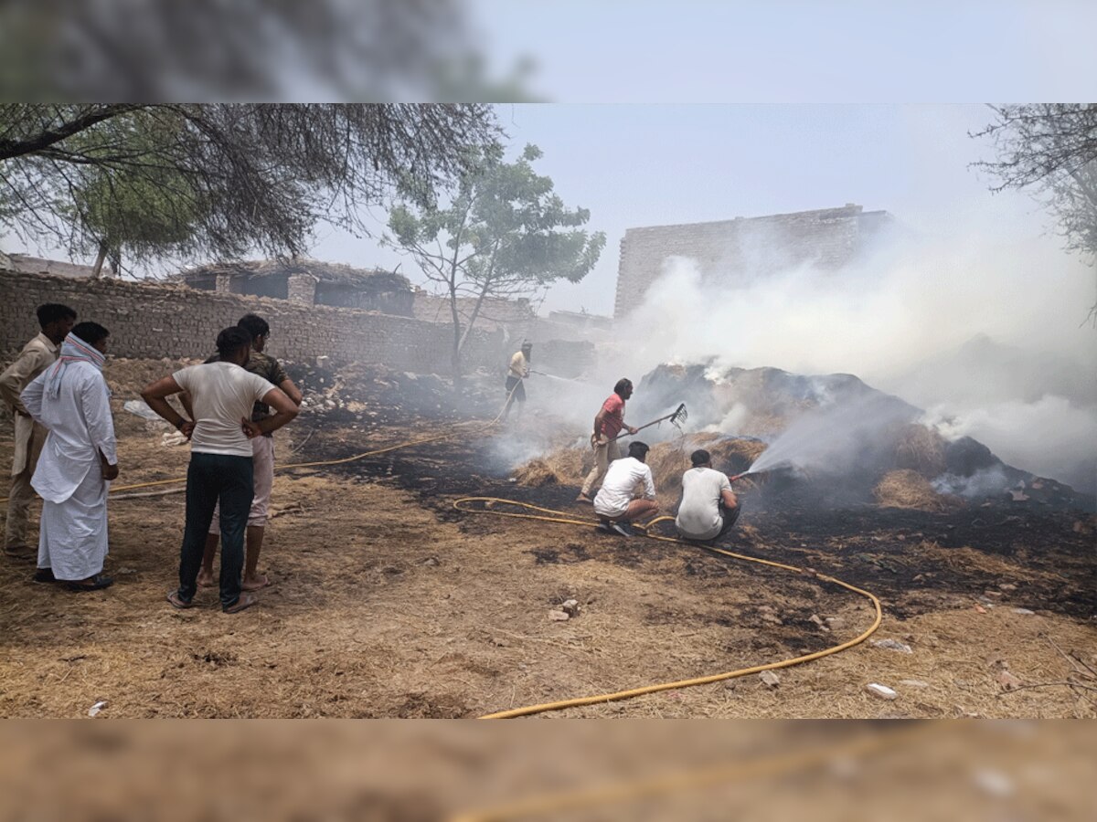 पशु चारे में लगी आग बुझाते लोग