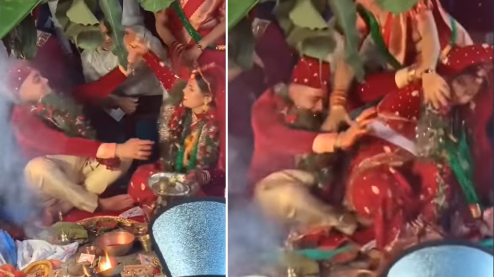 The angry bride beat up the groom, kept smiling, sitting behind; Video came in front