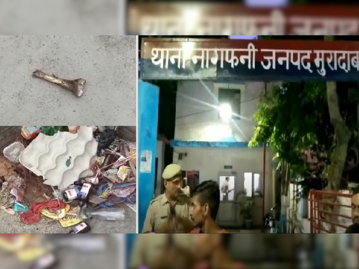 Moradabad:  मंदिर की छत पर मांस के टुकड़े और हड्डियां देख भड़के लोग, लोगों ने जमकर काटा हंगामा