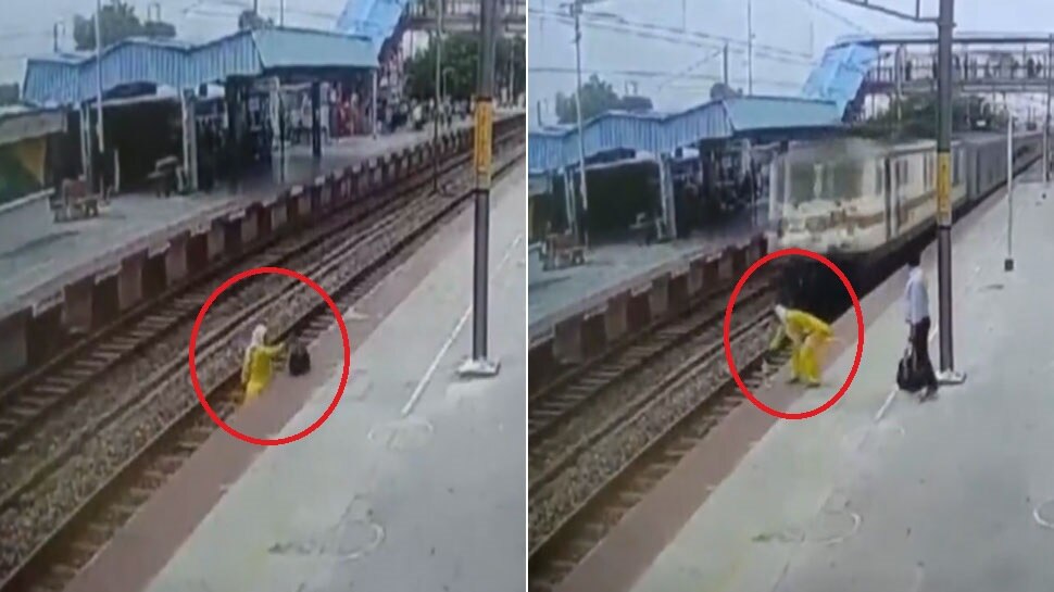 woman crossing railway track train arrived officer saved her from ...