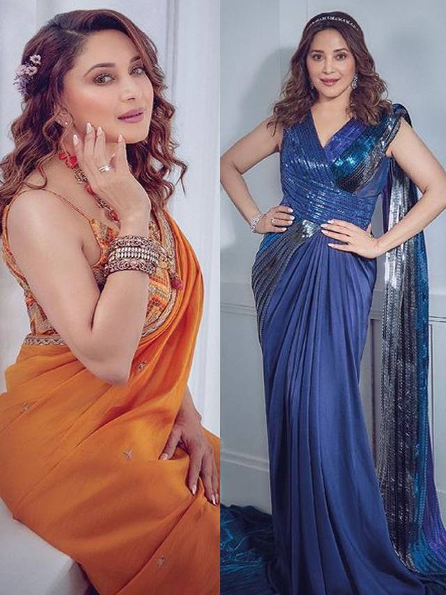 Madhuri Dixit Looks Beautiful In Orange And Blue Saree See Pics साड़ी में बला की खूबसूरत दिखीं 9727