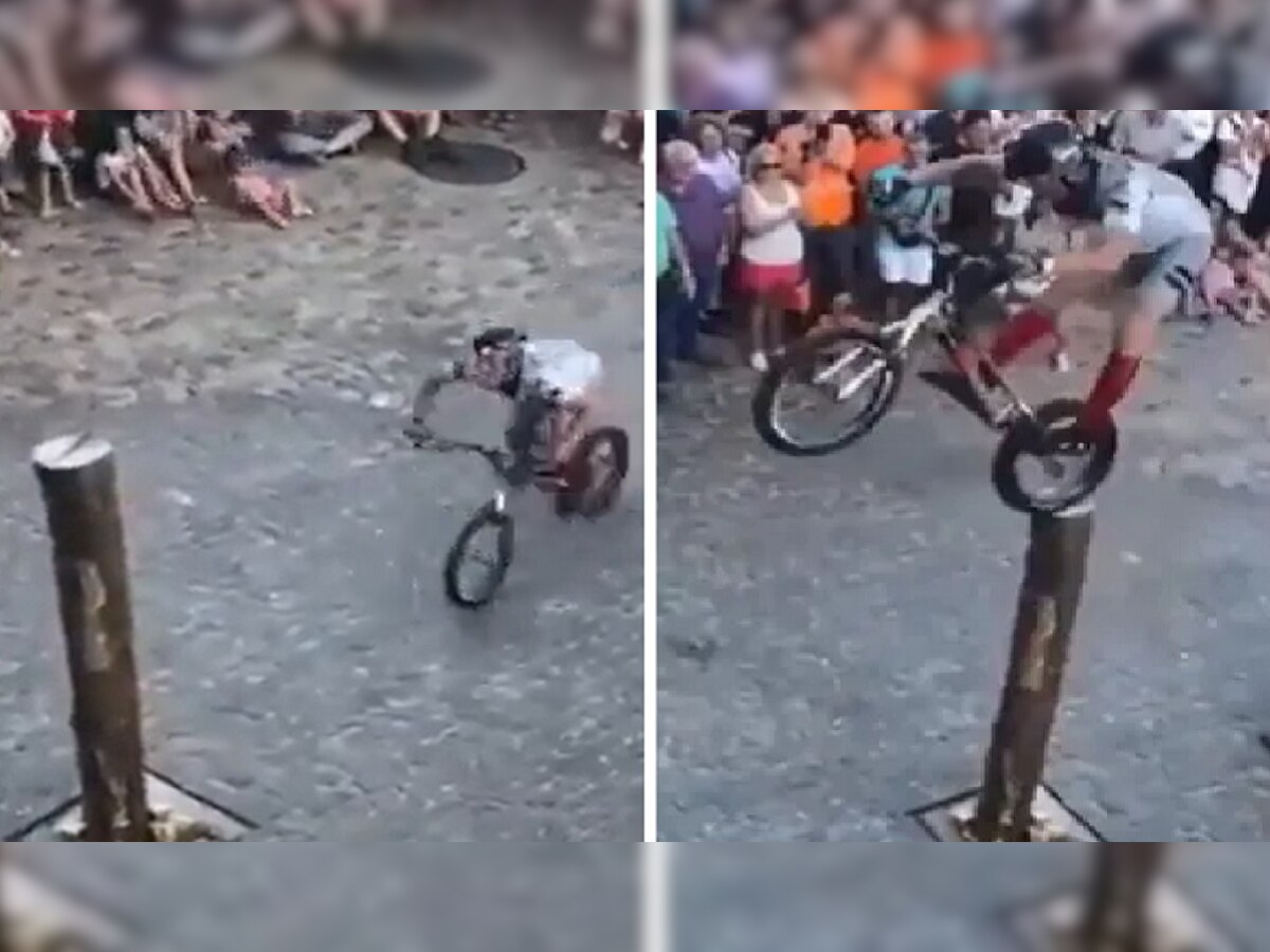 Cycle Stunt: साइकिल के पिछले टायर के सहारे पोल पर खड़ा हो गया शख्स, दिखाया गजब का स्टंट