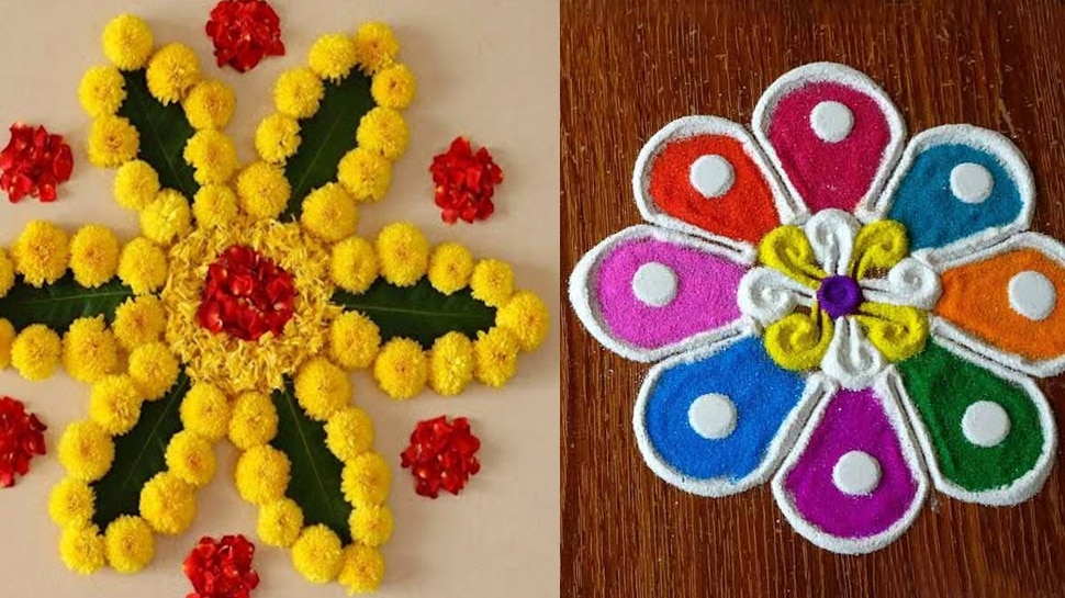 Easy Rangoli Designs For Diwali How To Make Rangoli With Flowers Rice Floor And Haldi