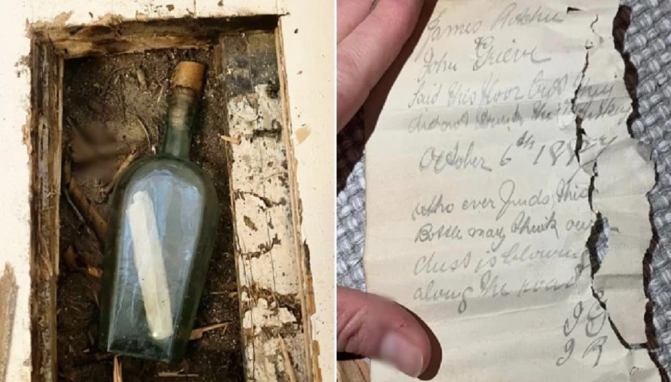woman found 135 years old whisky bottle with a letter in home wall from