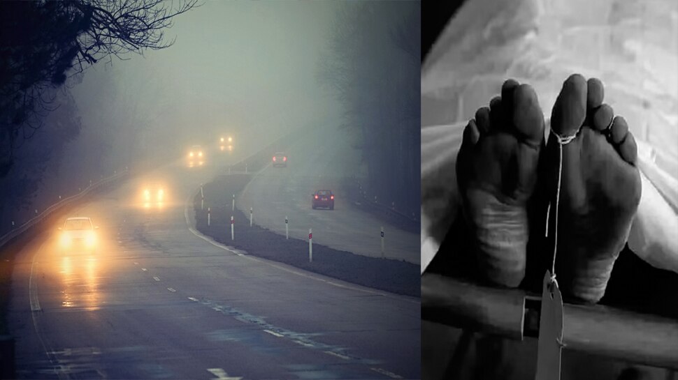 fog dreadful accident Vehicles crushed dead body many times bones stuck in blood soaked road