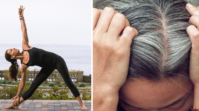 Senior woman with white hair training yoga studio shot on gray background  Stock Photo  Alamy