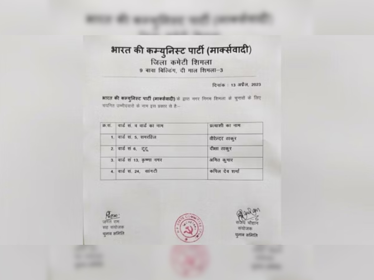 CPM Candidate List: शिमला नगर निगम चुनाव के लिए माकपा ने जारी की उम्मीदवारों की पहली लिस्ट