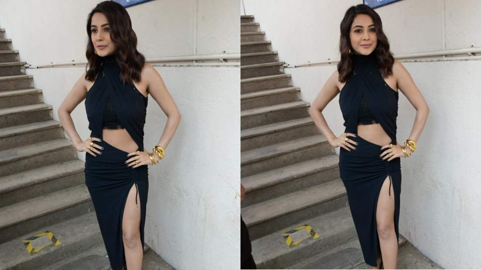 Shehnaaz Gill shows sexy legs in bold black dress shehnaaz expose body ...